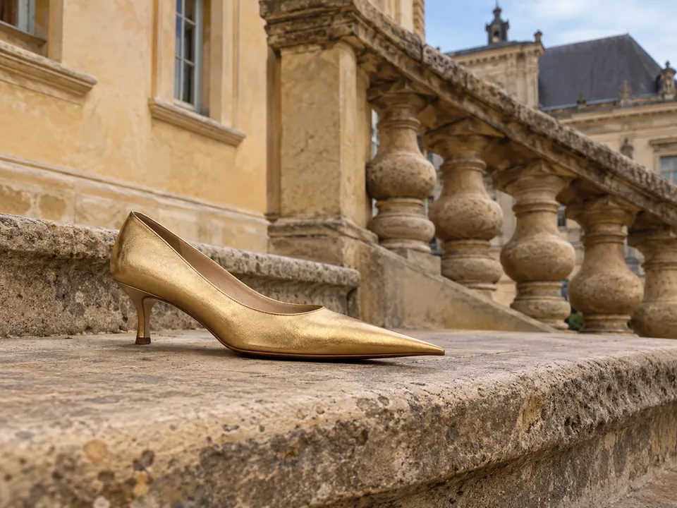 A gilded shoe on a baroque outdoor staircase, after the replica that stands on the steps at Schloss Moritzburg